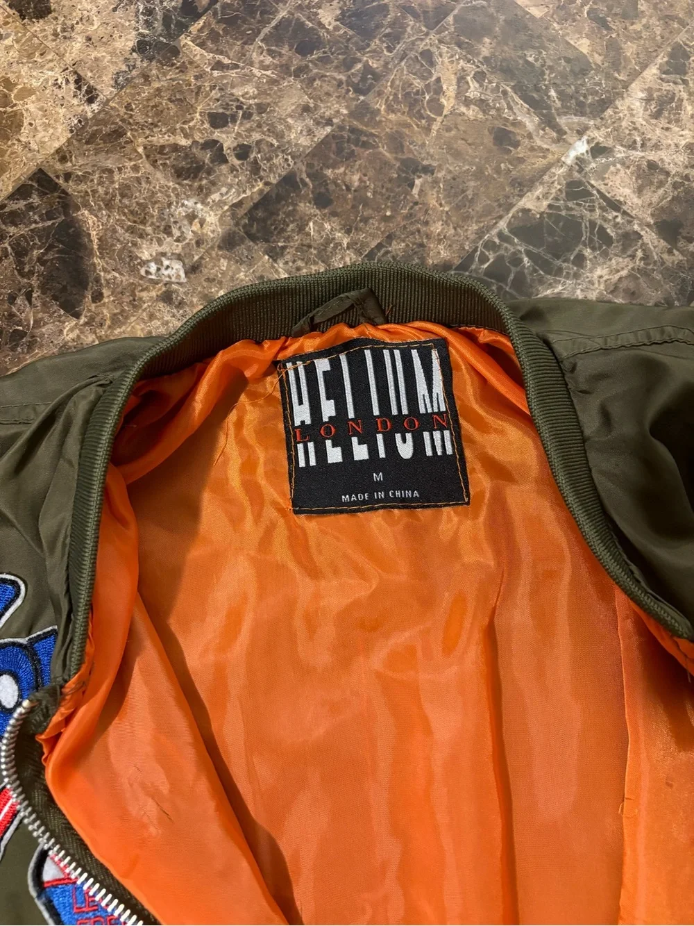 Kids Olive Green Bomber Jacket with Patch Details